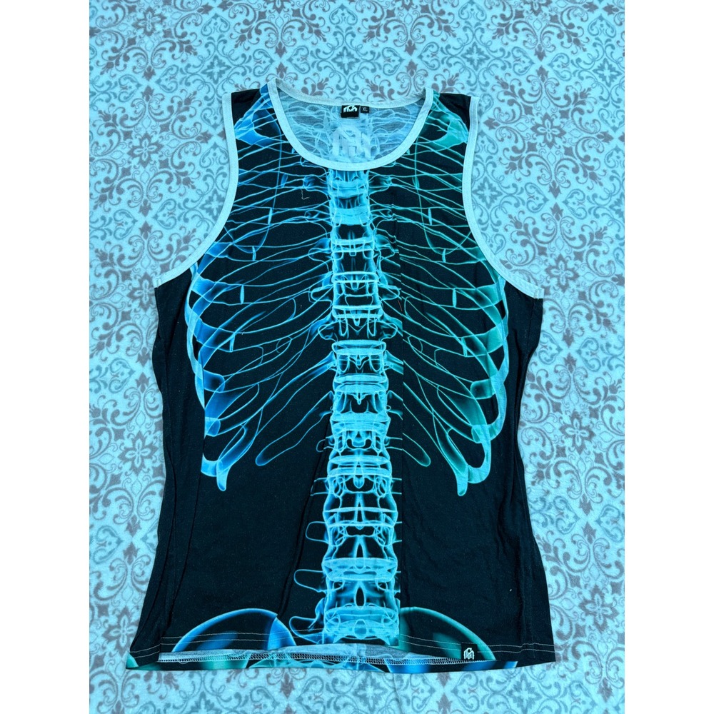 Into the AM Skeleton Rib Cage Graphic Tank Top Blue Teal XL Rave Streetwear